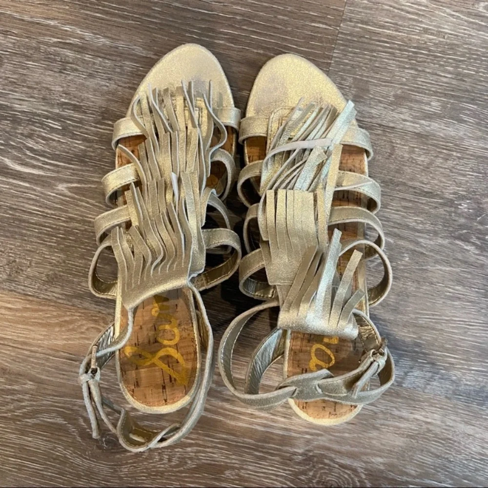 Sam Edelman Gold Fringe Strappy Wedge Sandals